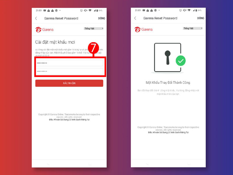 Nhập mật khẩu mới để hoàn thành việc thay đổi mật khẩu Garena